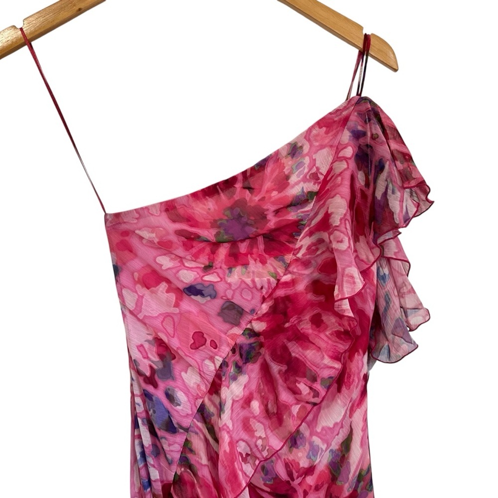 Zara Womens Asymmetrical Ruffled Printed Midi Dress XS Pink Lined One Shoulder - Picture 4 of 10
